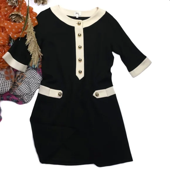 Milly Black Dress with Cream Accents and Gold Buttons Sz L - coffeafoods.com